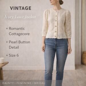 Womens Vintage Jacket Lace Pearl Button Front Puff Sleeve SZ6 Cottagecore